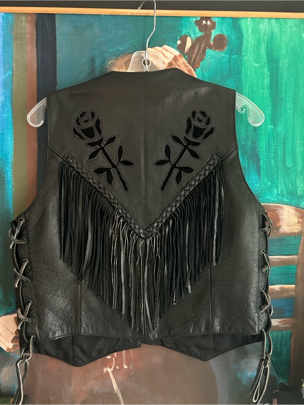 Vintage MOB Black Genuine Leather Fringe Western Vest Size 14 - Picture 12 of 16